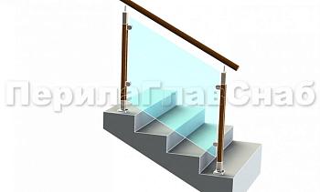 Ограждение с круглым деревянным поручнем с зажимными стеклодержателями и стойками с деревянными вставками в Санкт-Петербурге. Готовые проекты ПерилаГлавСнаб