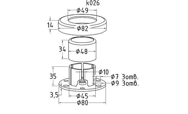 Цанга под трубу Ø38.1 мм, полированная #600, AISI 304, 3 отв.Ø7 мм, 3 отв. Ø9 мм, k026  2 Цанга под трубу Ø38.1 мм, полированная #600, AISI 304, 3 отв.Ø7 мм, 3 отв. Ø9 мм, k026  2