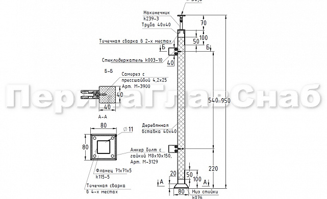Готовая стойка 40х40х950 мм, деревянная, со вставками из нержавеющей стали 2х100 мм с 2 зажимными стеклодержателями k740-4-L 2 Готовая стойка 40х40х950 мм, деревянная, со вставками из нержавеющей стали 2х100 мм с 2 зажимными стеклодержателями k740-4-L 2