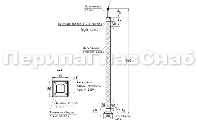 Готовая стойка 40х40х950 мм, деревянная нелакированная, со вставками из нержавеющей стали 2х100 мм k740 2