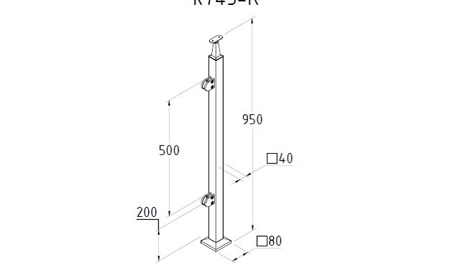 Стойка квадратная 40х40: 2 литых зажимных стеклодержателя, полированная, высота 950 мм (AISI 304) k745-R 2 Стойка квадратная 40х40: 2 литых зажимных стеклодержателя, полированная, высота 950 мм (AISI 304) k745-R 2