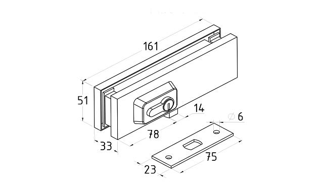 Замок для стеклянной двери угловой с круглым ригелем комплект, под алюминий t150 AL 3