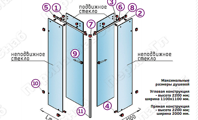 Комплект раздвижной системы для стеклянной душевой, нержавеющая сталь AISI 304, полированная t401 PSS 2