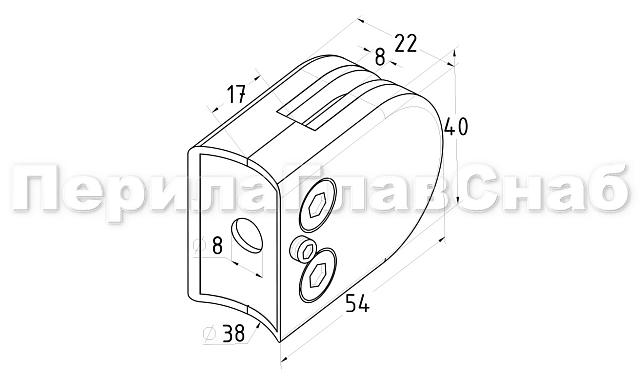 Стеклодержатель штампованный под стекло 8мм (4+4 мм), под стойку Ø38.1 мм 40х22х54, полированный (AISI 304) k538-2 2