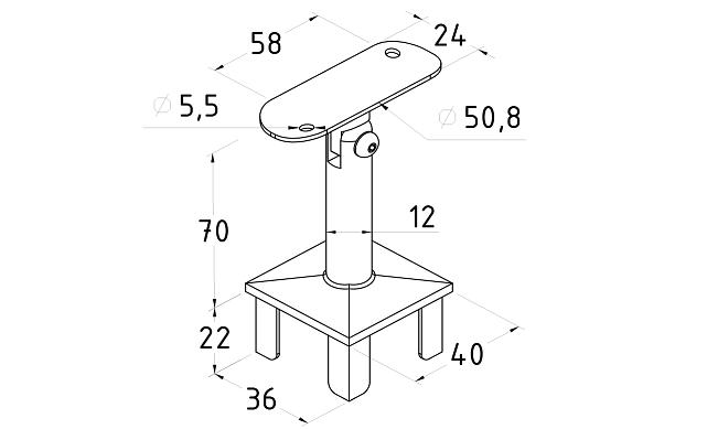 Наконечник палец на стойку из профильной трубы 40х40 мм, с регулируемым ложементом под поручень Ø50.8 мм, полированный, литой, облегченный нержавеющий AISI 304 k239-3 2