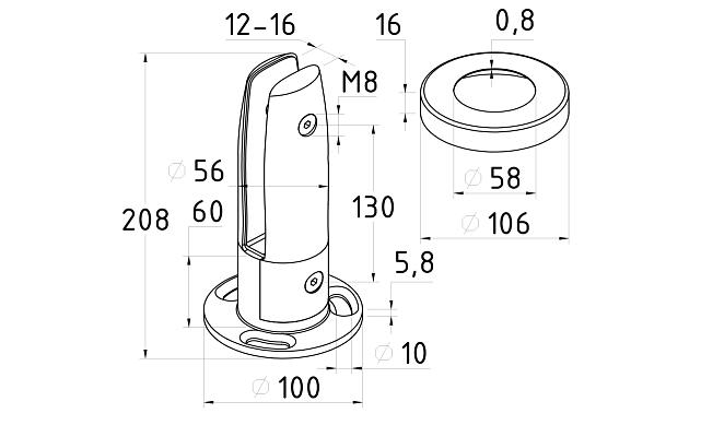 Стеклодержатель литой напольный, круглый, для стекла 12-16 мм, шлифованный (AISI 304) k176 SSS 2