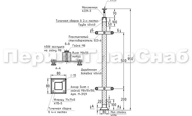 Готовая стойка 40х40х950 мм, деревянная, со вставками из нержавеющей стали 2х100 мм с 2 пластинчатыми стеклодержателями k740-2 2 Готовая стойка 40х40х950 мм, деревянная, со вставками из нержавеющей стали 2х100 мм с 2 пластинчатыми стеклодержателями k740-2 2