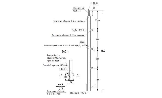 Стойка круглая Ø38.1: 3 ригеледержателя, полированная, боковой крепеж, высота 1200 мм (AISI 304) k753 2