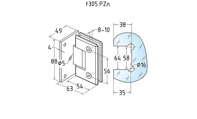 Петля для душевой кабины стена-стекло 90° с односторонним креплением, 90*55, цинк, полированная t305 PZn 3